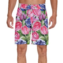 Charming Foliage – Watercolor Flowers Botanical Men s Beach Shorts