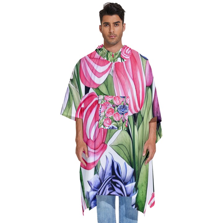 Charming Foliage – Watercolor Flowers Botanical Men s Hooded Rain Ponchos