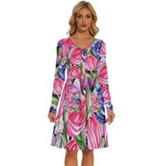 Charming Foliage – Watercolor Flowers Botanical Long Sleeve Dress With Pocket