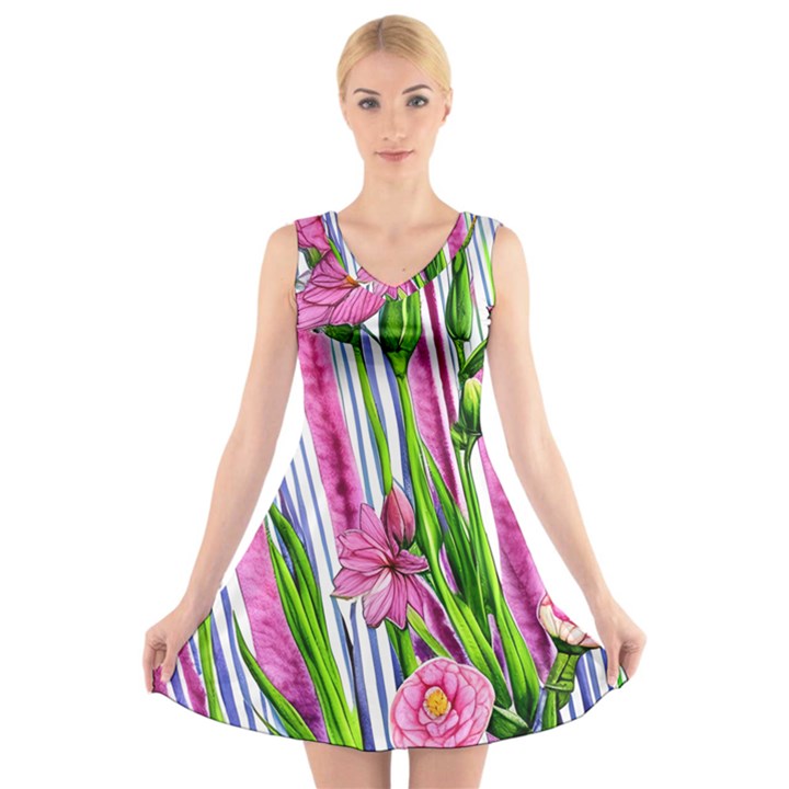 Cherished Blooms – Watercolor Flowers Botanical V-Neck Sleeveless Dress