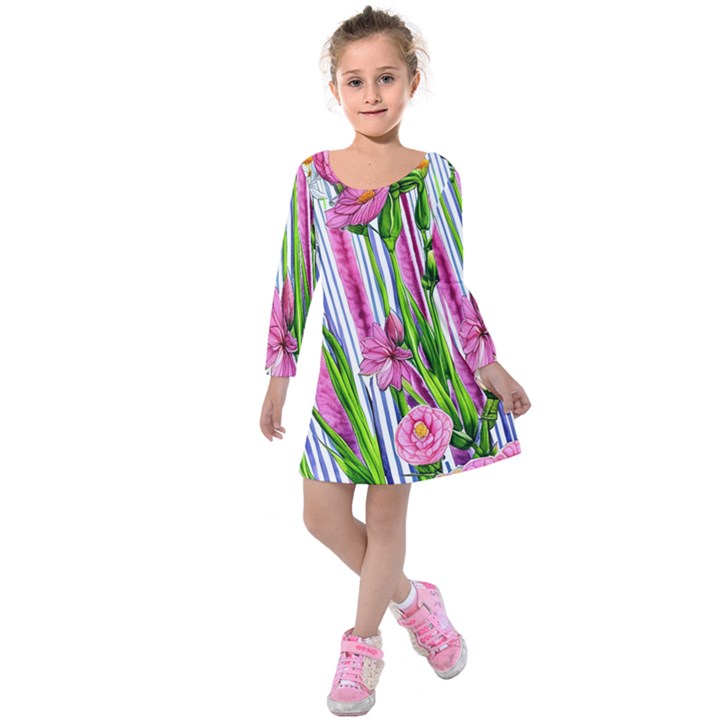 Cherished Blooms – Watercolor Flowers Botanical Kids  Long Sleeve Velvet Dress