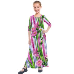 Cherished Blooms – Watercolor Flowers Botanical Kids  Quarter Sleeve Maxi Dress by GardenOfOphir