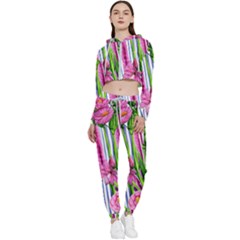 Cherished Blooms – Watercolor Flowers Botanical Cropped Zip Up Lounge Set by GardenOfOphir