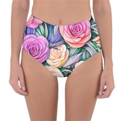 County Charm – Watercolor Flowers Botanical Reversible High-waist Bikini Bottoms by GardenOfOphir