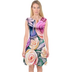 County Charm – Watercolor Flowers Botanical Capsleeve Midi Dress by GardenOfOphir