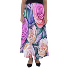 County Charm – Watercolor Flowers Botanical Flared Maxi Skirt by GardenOfOphir