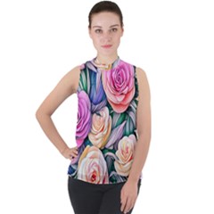 County Charm – Watercolor Flowers Botanical Mock Neck Chiffon Sleeveless Top by GardenOfOphir