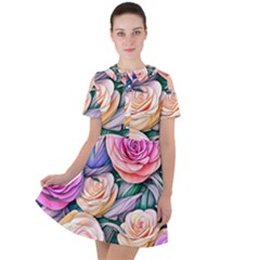 County Charm – Watercolor Flowers Botanical Short Sleeve Shoulder Cut Out Dress  by GardenOfOphir