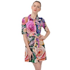 County Charm – Watercolor Flowers Botanical Belted Shirt Dress by GardenOfOphir