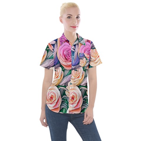 County Charm – Watercolor Flowers Botanical Women s Short Sleeve Pocket Shirt by GardenOfOphir