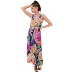 County Charm – Watercolor Flowers Botanical V-neck Chiffon Maxi Dress by GardenOfOphir