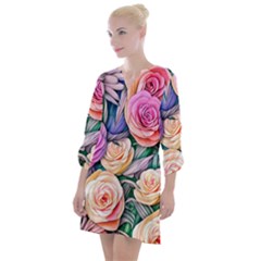 County Charm – Watercolor Flowers Botanical Open Neck Shift Dress by GardenOfOphir