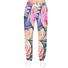 County Charm – Watercolor Flowers Botanical Women Velvet Drawstring Pants by GardenOfOphir