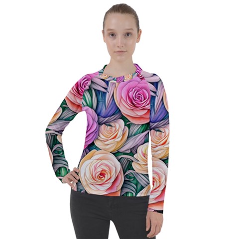 County Charm – Watercolor Flowers Botanical Women s Pique Long Sleeve Tee by GardenOfOphir