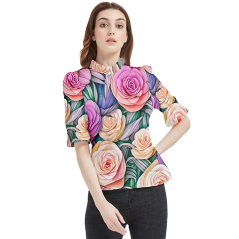 County Charm – Watercolor Flowers Botanical Frill Neck Blouse by GardenOfOphir