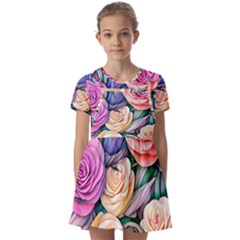 County Charm – Watercolor Flowers Botanical Kids  Short Sleeve Pinafore Style Dress