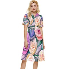 County Charm – Watercolor Flowers Botanical Button Top Knee Length Dress by GardenOfOphir