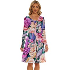 County Charm – Watercolor Flowers Botanical Long Sleeve Dress With Pocket by GardenOfOphir