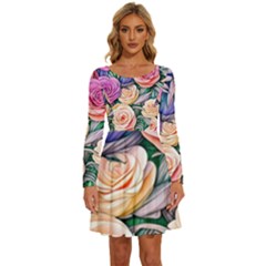 County Charm – Watercolor Flowers Botanical Long Sleeve Wide Neck Velvet Dress by GardenOfOphir