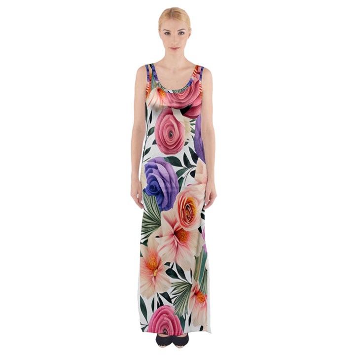 Country-chic Watercolor Flowers Thigh Split Maxi Dress