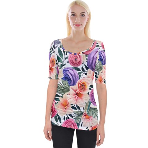 Country-chic Watercolor Flowers Wide Neckline Tee by GardenOfOphir