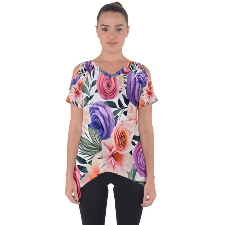 Country-chic Watercolor Flowers Cut Out Side Drop Tee