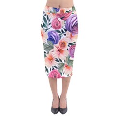 Country-chic Watercolor Flowers Velvet Midi Pencil Skirt by GardenOfOphir