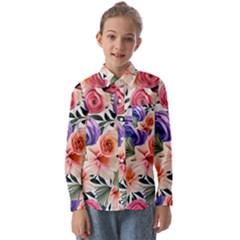 Country-chic Watercolor Flowers Kids  Long Sleeve Shirt by GardenOfOphir