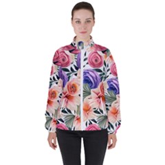 Country-chic Watercolor Flowers Women s High Neck Windbreaker by GardenOfOphir