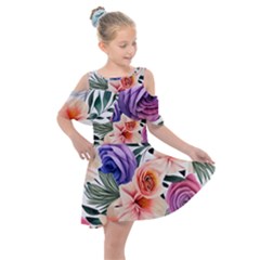 Country-chic Watercolor Flowers Kids  Shoulder Cutout Chiffon Dress by GardenOfOphir