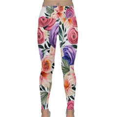 Country-chic Watercolor Flowers Lightweight Velour Classic Yoga Leggings by GardenOfOphir