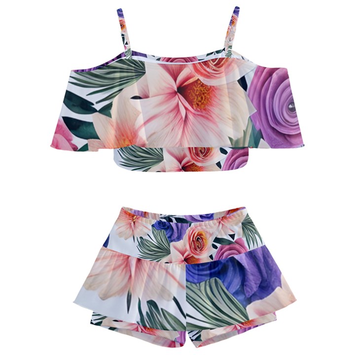 Country-chic Watercolor Flowers Kids  Off Shoulder Skirt Bikini