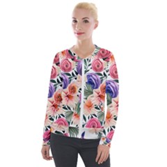 Country-chic Watercolor Flowers Velvet Zip Up Jacket by GardenOfOphir