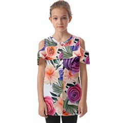 Country-chic Watercolor Flowers Fold Over Open Sleeve Top