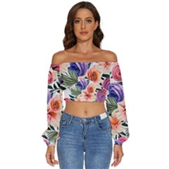 Country-chic Watercolor Flowers Long Sleeve Crinkled Weave Crop Top