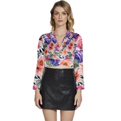 Country-chic Watercolor Flowers Long Sleeve Tie Back Satin Wrap Top