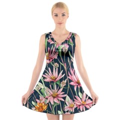 Choice And Creative Watercolor Flowers V-neck Sleeveless Dress by GardenOfOphir