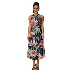 Choice And Creative Watercolor Flowers Sleeveless Cross Front Cocktail Midi Chiffon Dress