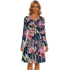 Choice And Creative Watercolor Flowers Long Sleeve Dress With Pocket