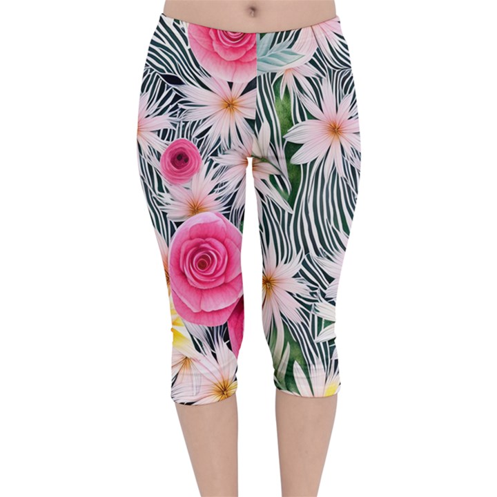 Classy And Chic Watercolor Flowers Velvet Capri Leggings 