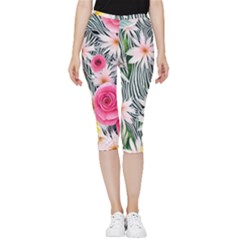 Classy And Chic Watercolor Flowers Inside Out Lightweight Velour Capri Leggings 