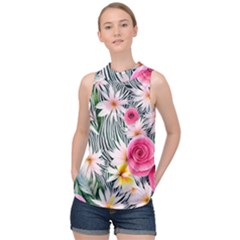 Classy And Chic Watercolor Flowers High Neck Satin Top by GardenOfOphir