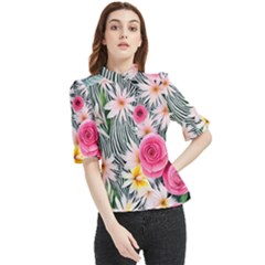 Classy And Chic Watercolor Flowers Frill Neck Blouse