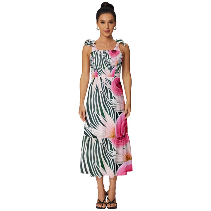 Classy And Chic Watercolor Flowers Tie-Strap Tiered Midi Chiffon Dress