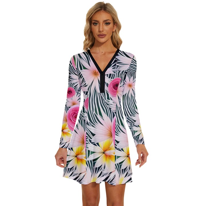 Classy And Chic Watercolor Flowers Long Sleeve Deep V Mini Dress 