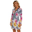 Classy And Chic Watercolor Flowers Long Sleeve Deep V Mini Dress  View2