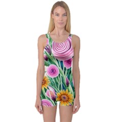 Cheerful And Captivating Watercolor Flowers One Piece Boyleg Swimsuit by GardenOfOphir