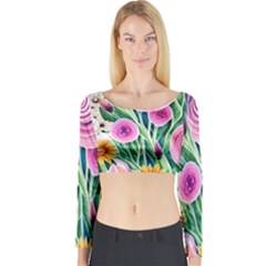 Cheerful And Captivating Watercolor Flowers Long Sleeve Crop Top by GardenOfOphir