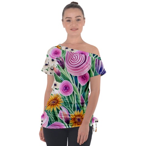 Cheerful And Captivating Watercolor Flowers Off Shoulder Tie-up Tee by GardenOfOphir