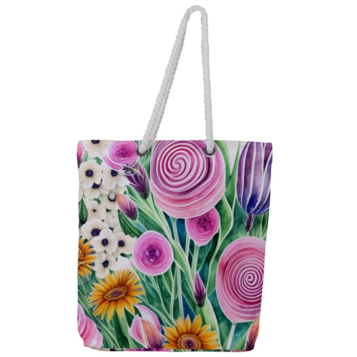 Cheerful And Captivating Watercolor Flowers Full Print Rope Handle Tote (Large)